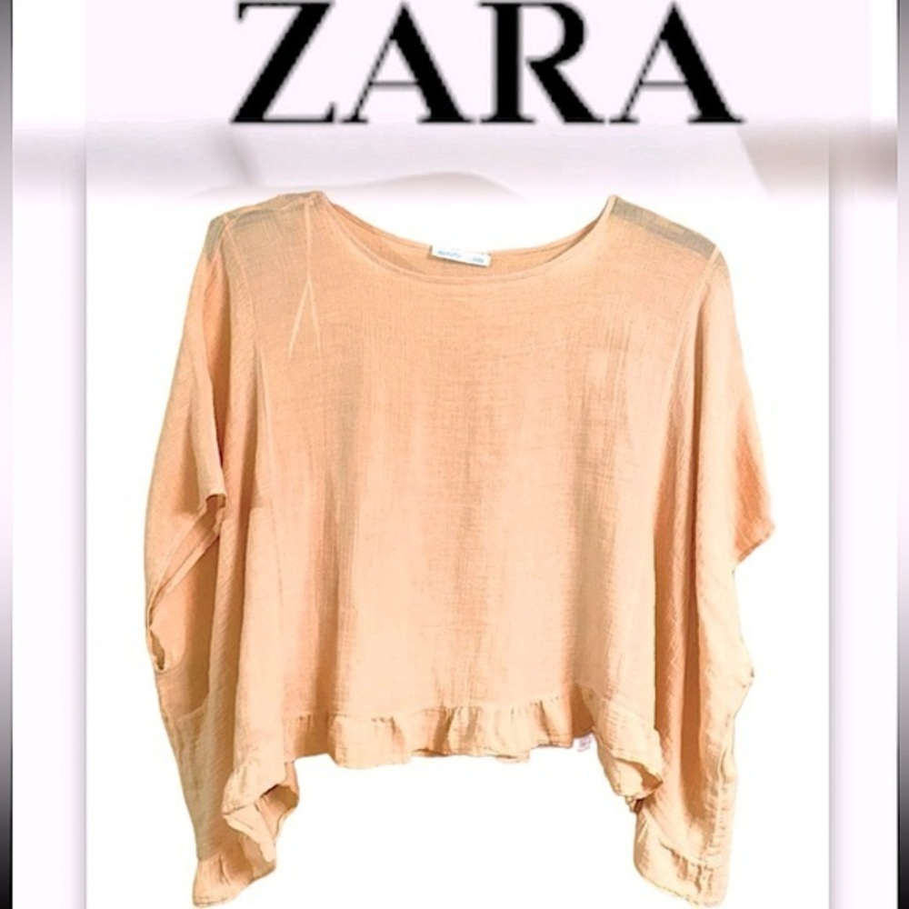 Women’s Zara Peach Top Ruffle Hem Blouse Shirt oversized relaxed gauze (salmon)